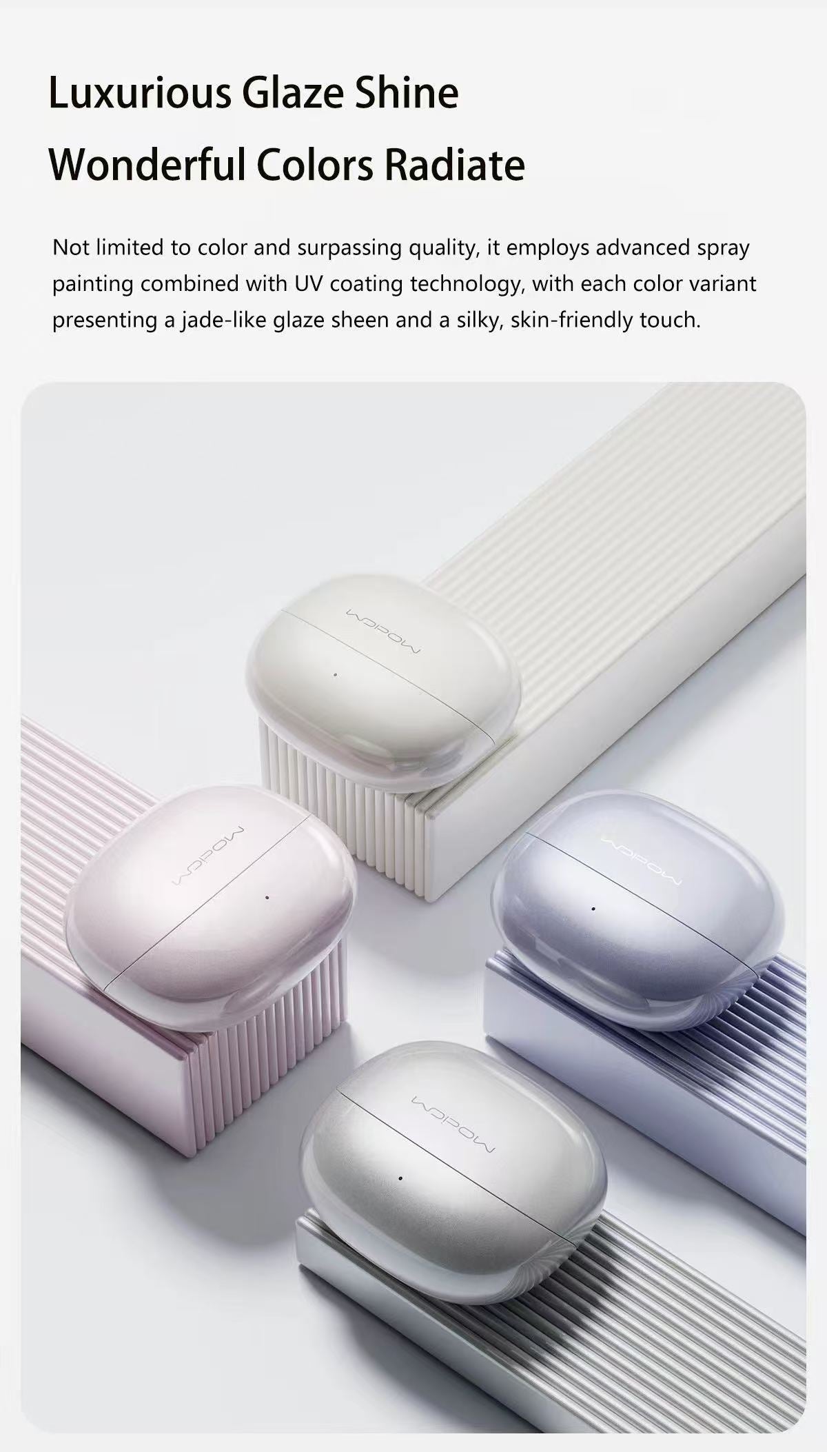 Wopow OWS28 charging cases in Cream White, Pink, Lavender and Silver glaze finishes