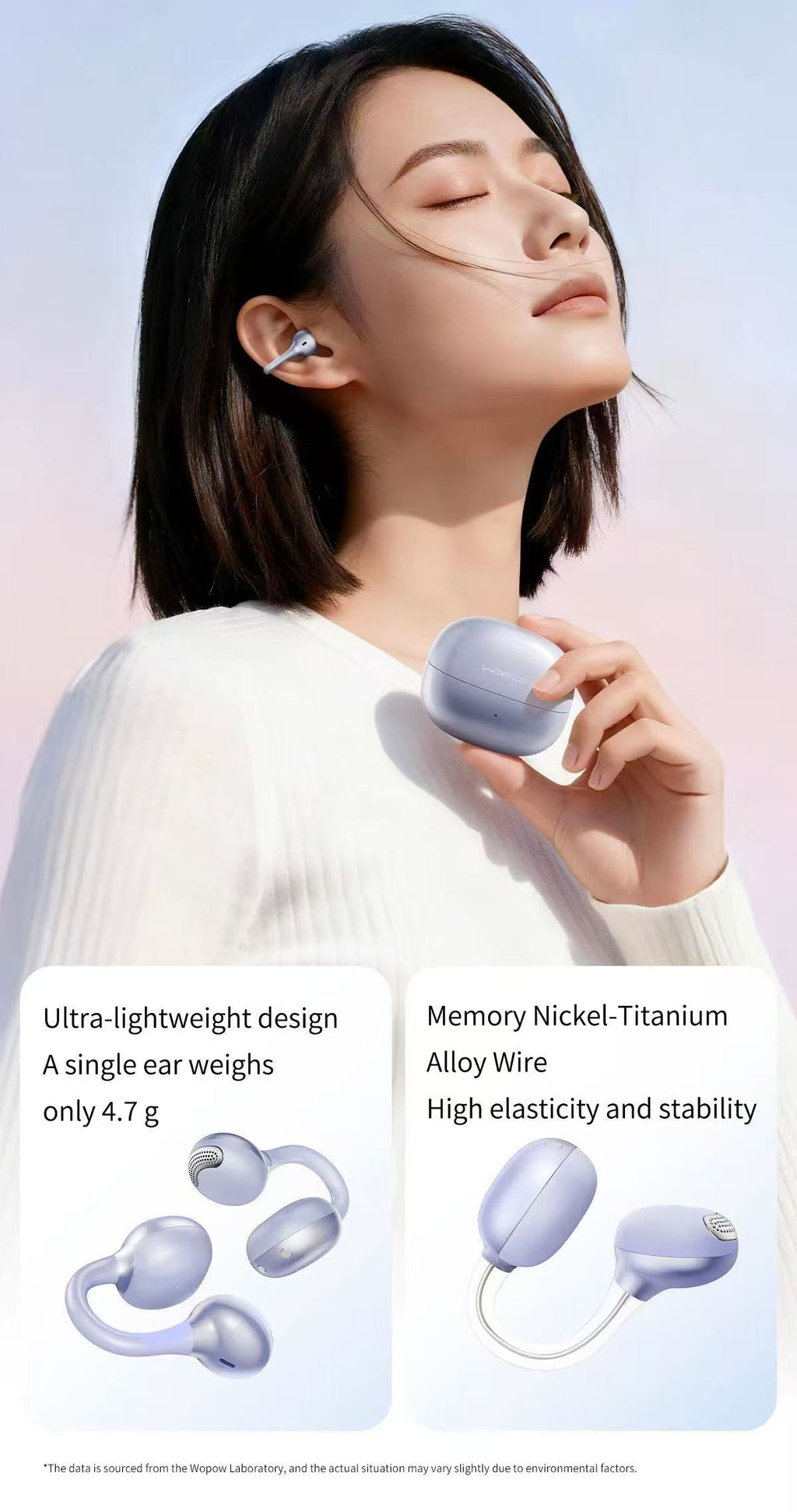 Woman wearing Wopow OWS28 open ear clip earbuds, ultra-lightweight 4.7g