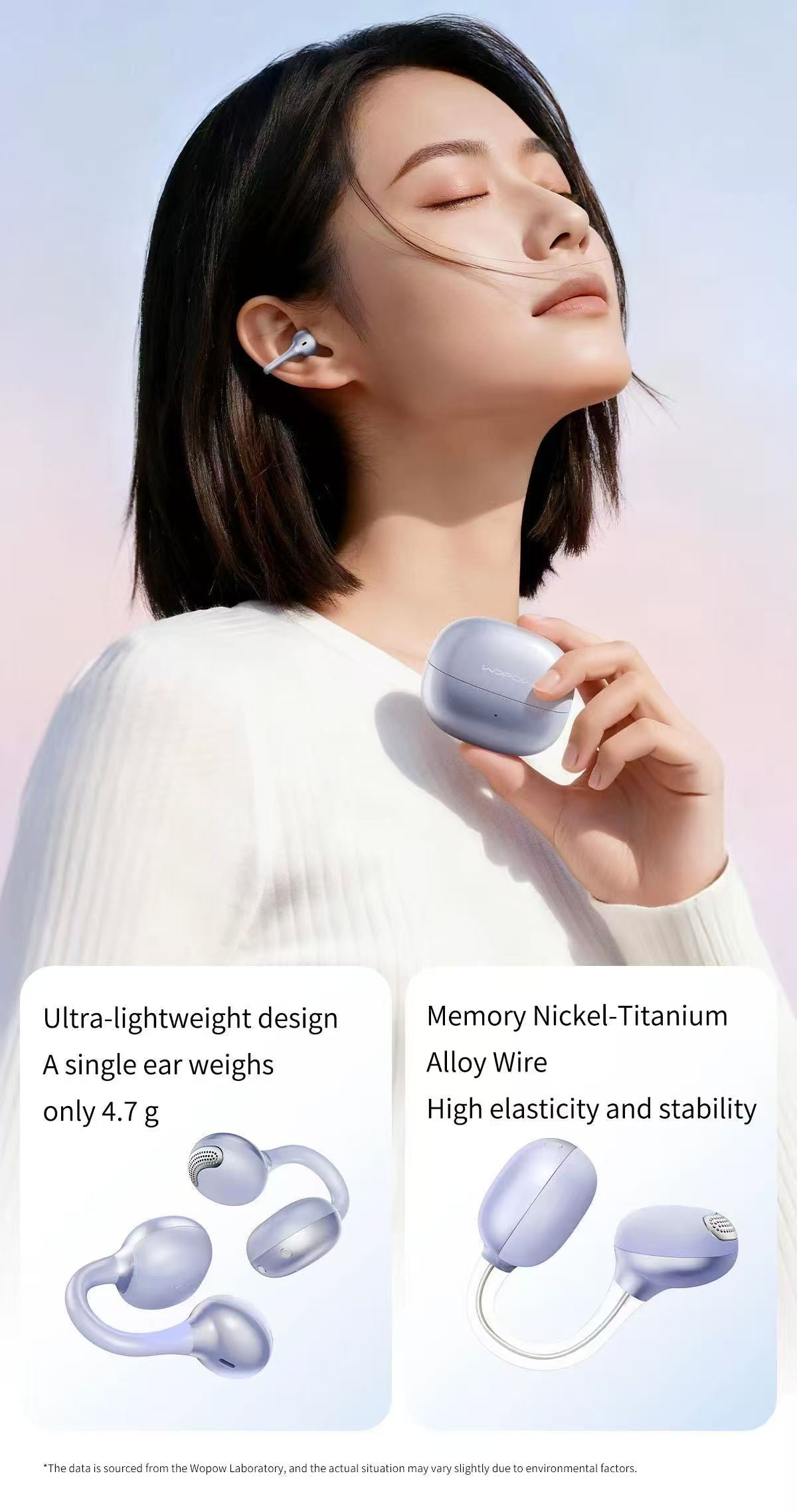 Woman wearing Wopow OWS28 open ear clip earbuds, ultra-lightweight 4.7g