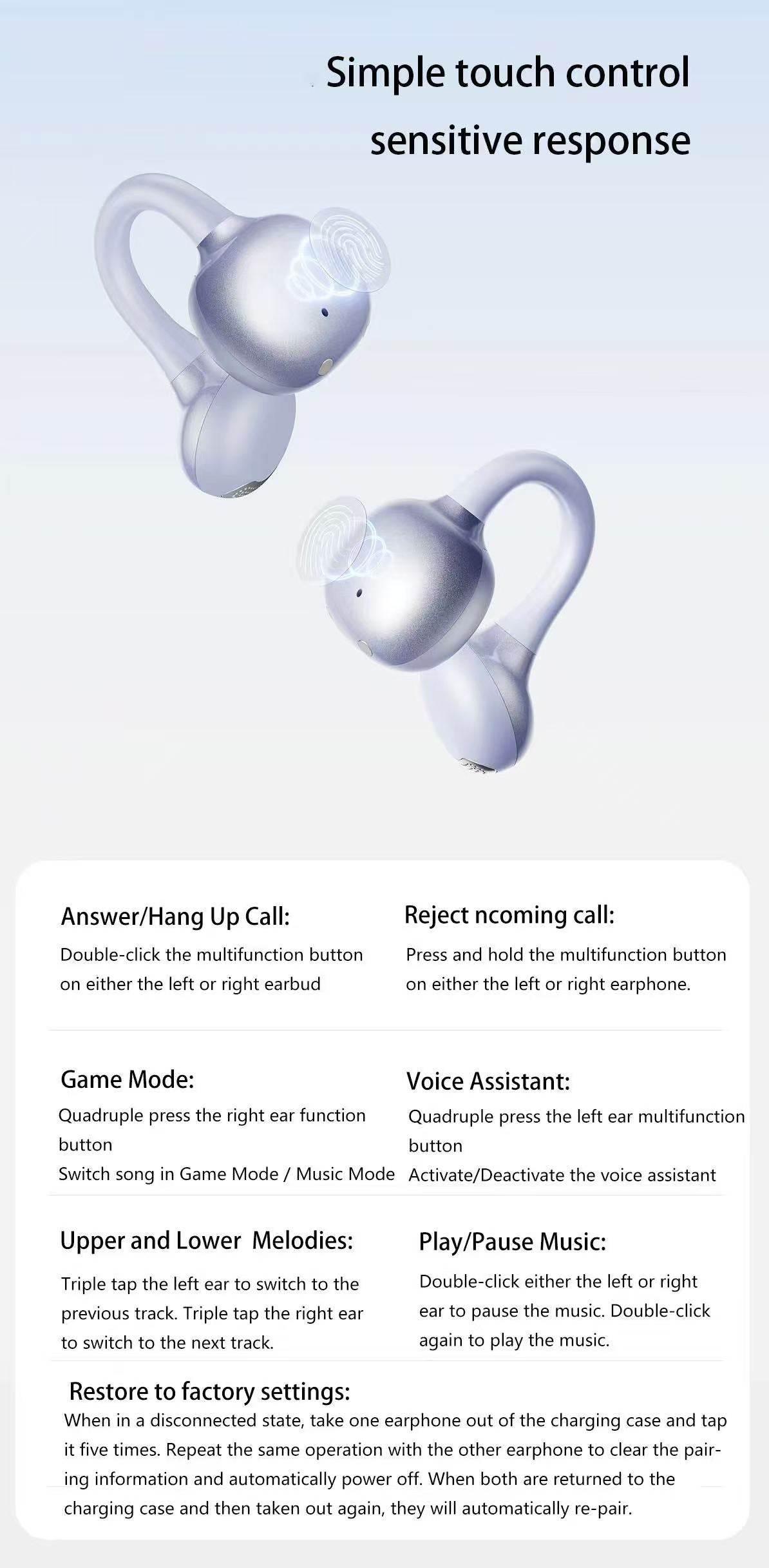 Wopow OWS28 touch controls for calls, music and game mode